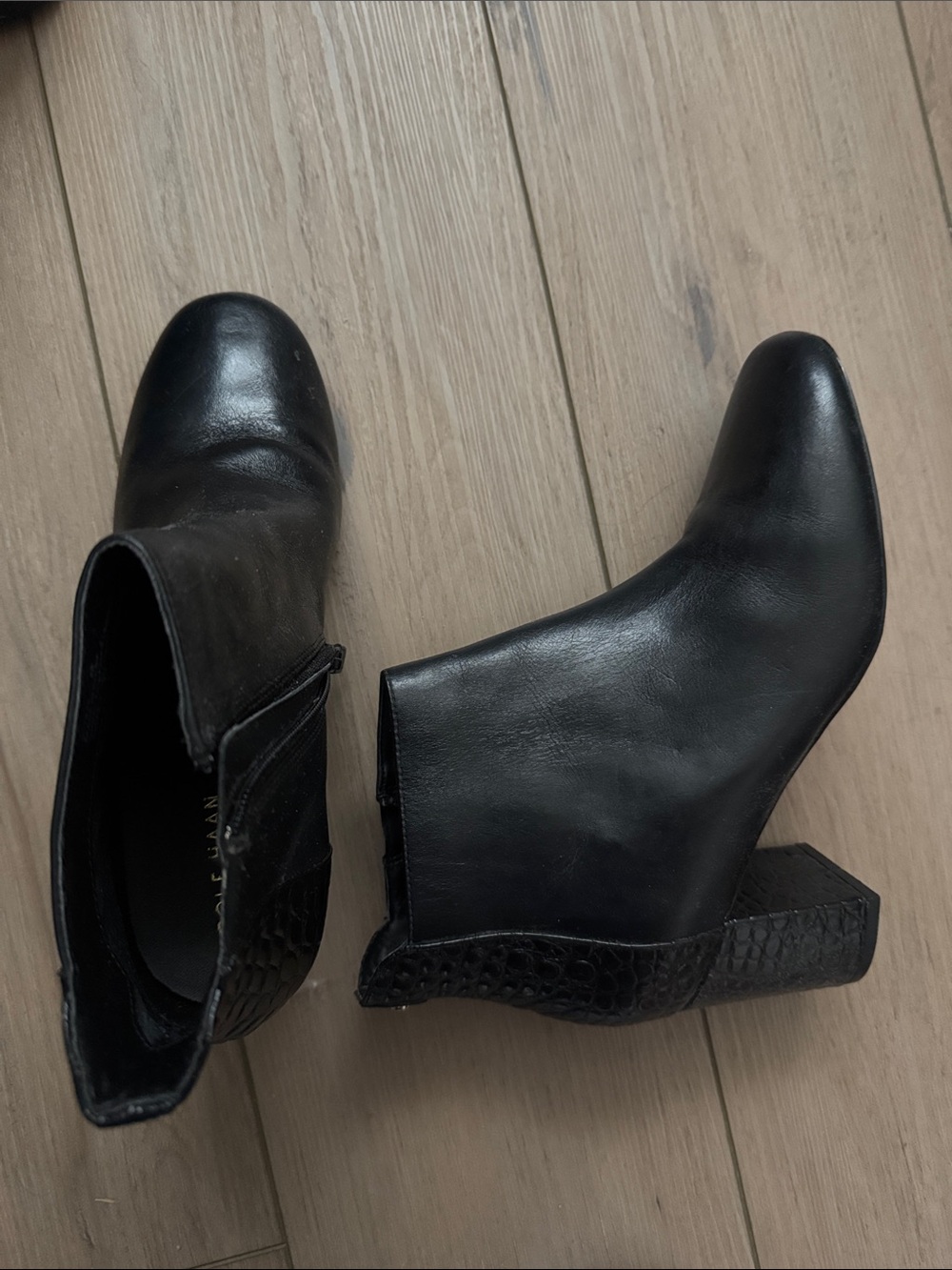 Cole Haan Black Leather Ankle Booties with Snakeprint Block Heel